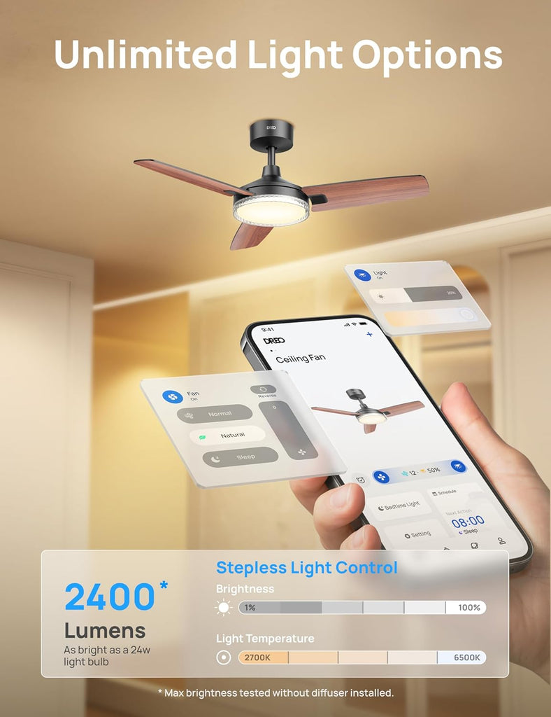 Smart Ceiling Fans with Lights, 42 Inch Black Ceiling Fan, 12 Speeds & 3 Fan Modes, Stepless Color Tones