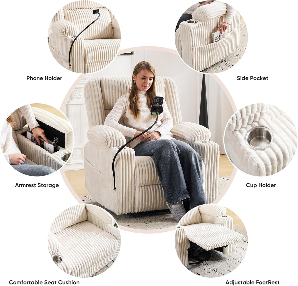 Oversized Power Recliner Chair with Massage and Heat, Swivel Rocker Recliner Chair for Adults with Arm Storage