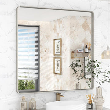 36x36 Inch Brushed Nickel Bathroom Mirror, Square Brushed Silver Metal Framed Wall Mirror, Rounded Corner Rectangle