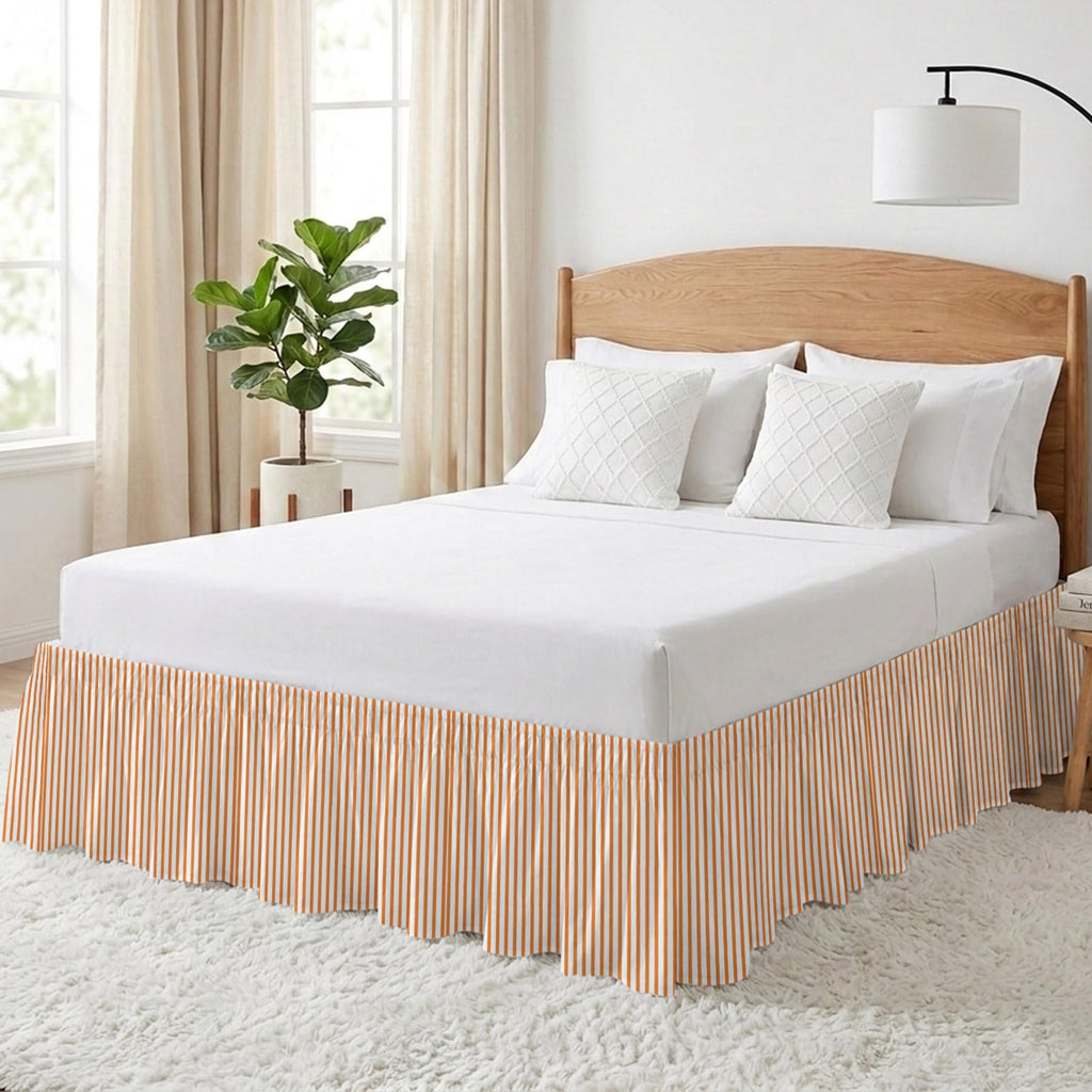 Thin Orange Striped Bed Skirt 16 Inch Drop, Adjustable & Elastic Wrap Around Bed Skirts Pleated Luxury