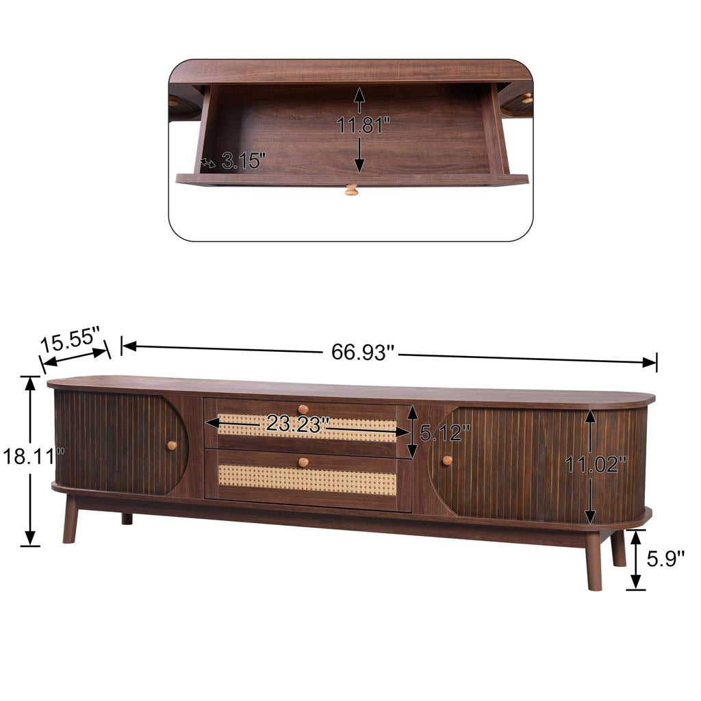 Rattan TV Stand for TVs up to 75", Modern Farmhouse Media Console with Multi-Functional Storage, Boho Entertainment