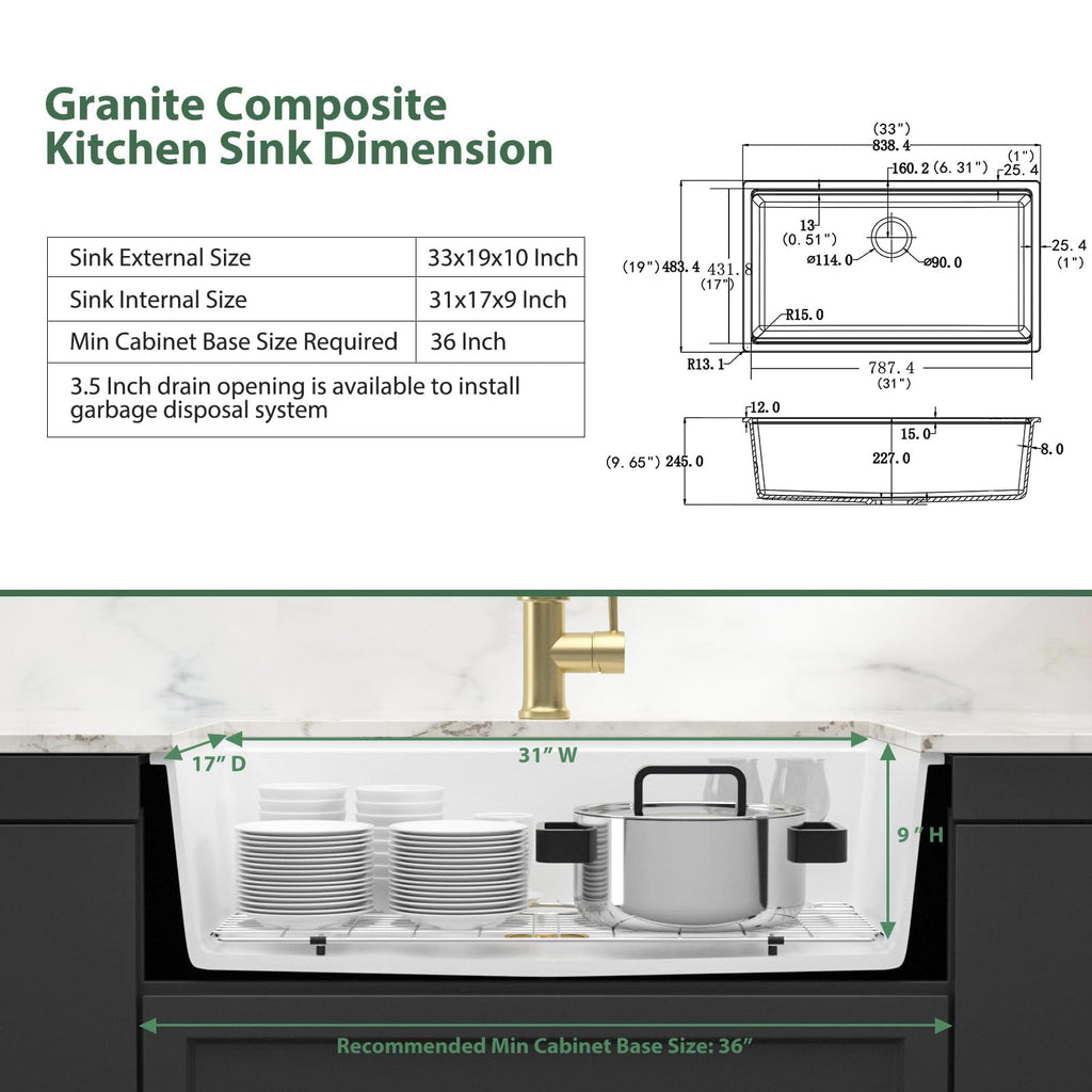 33 Inch White Undermount Kitchen Sink Workstation Granite Composite Quartz Single Bowl Undermount Sinks Large Deep
