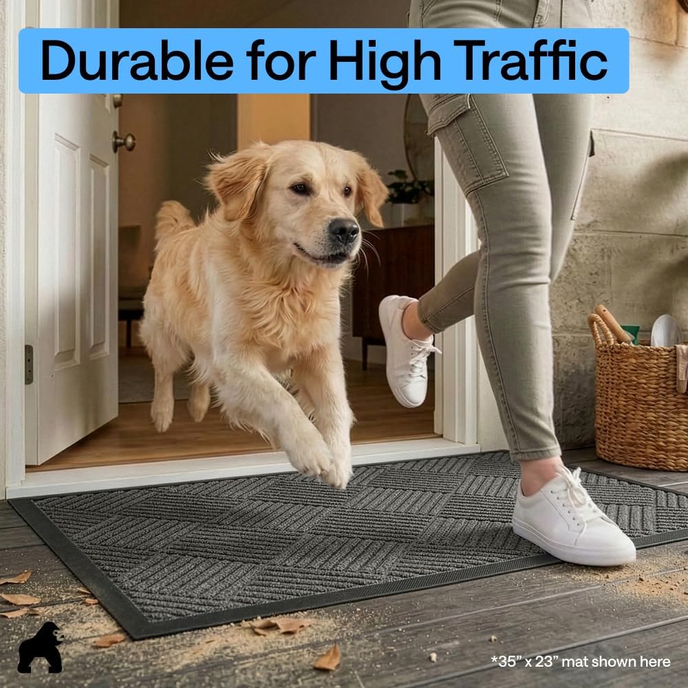 100% Waterproof All-Season WeatherMAX Doormat 35x23, US Designed Natural Rubber, Stain and Fade Resistant, Low