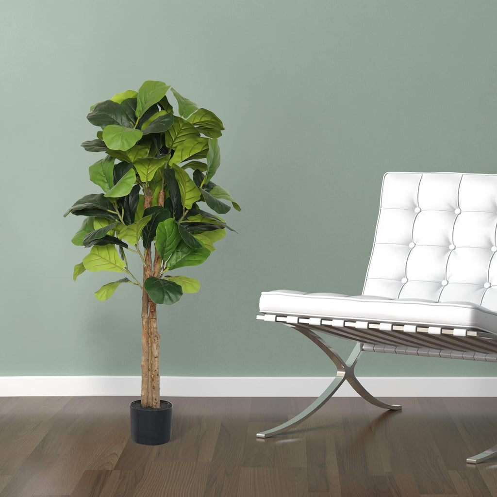 4ft Fiddle Fig Tree Artificial, Faux Fig Tree w/ 75 Leaves & 3 Trunks, Fake Ficus Lyrata Plant Real Touch Technology