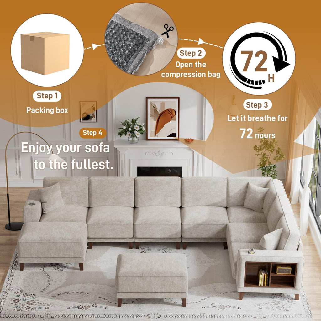 Oversized Modular Sectional Sofa, 9-Seat Deep Seat Sofa with Ottoman, USB Ports, Hidden Cup Holders, Side Storage