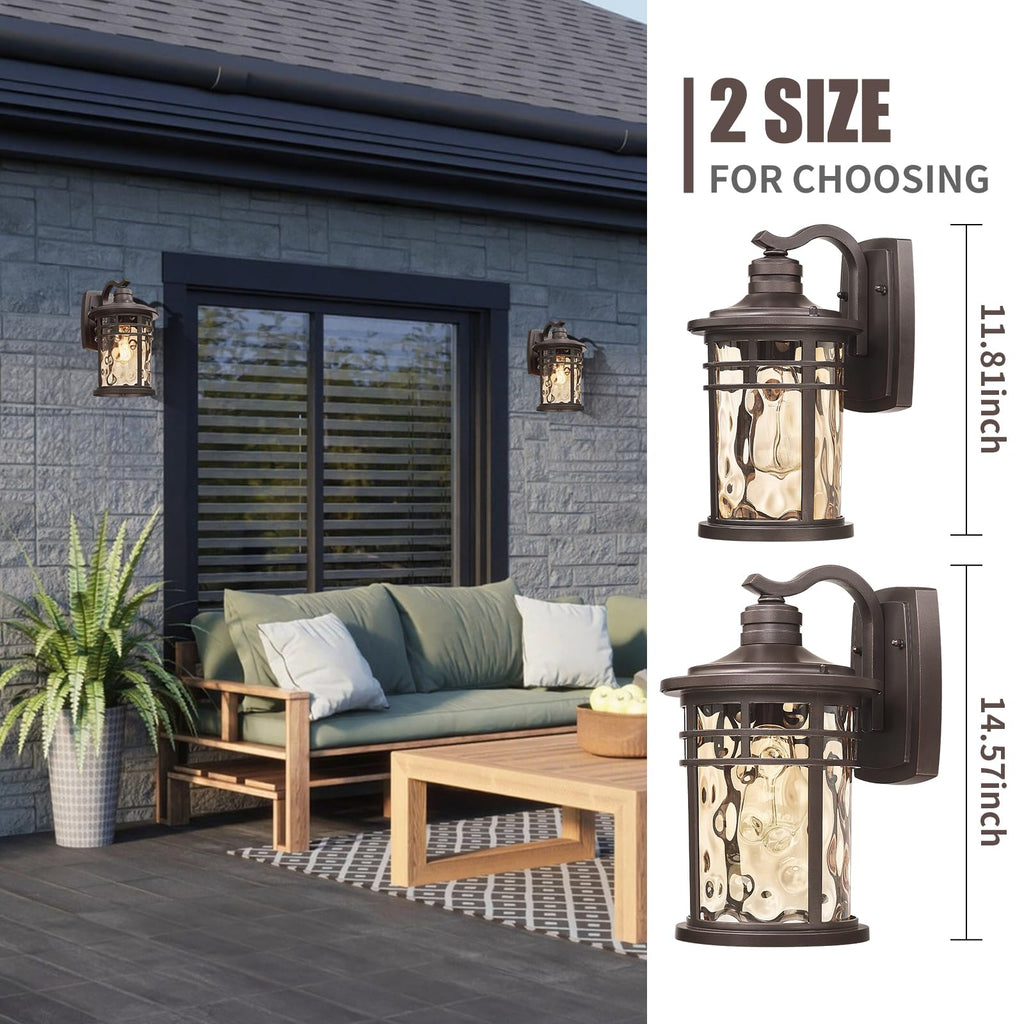 Outdoor Wall Light Fixture, 14.57inch Large Outside Porch Lights Wall Mounted Amber Ripple Glass Modern Exterior