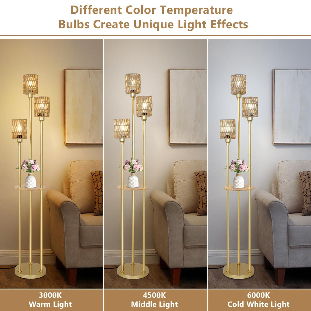 Boho Floor Lamp with Shelves, 3-Lights Farmhouse Tall Floor Lamp with ON/Off Foot Switch, Gold Modern Floor Lamps
