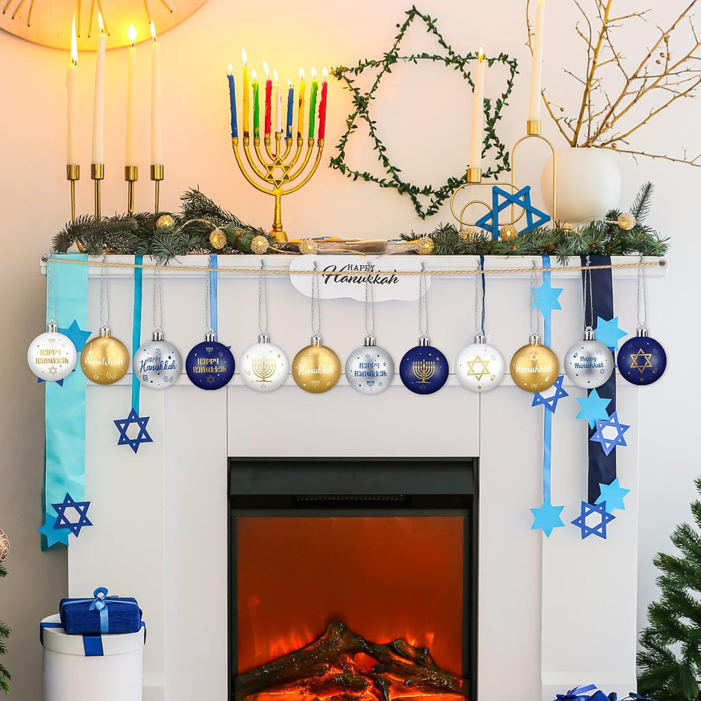 Hanukkah Ball Ornaments - Plastic White Blue Gold Jewish Chanukah Decorative Hanging Ornaments, Party Decor - Set of 12