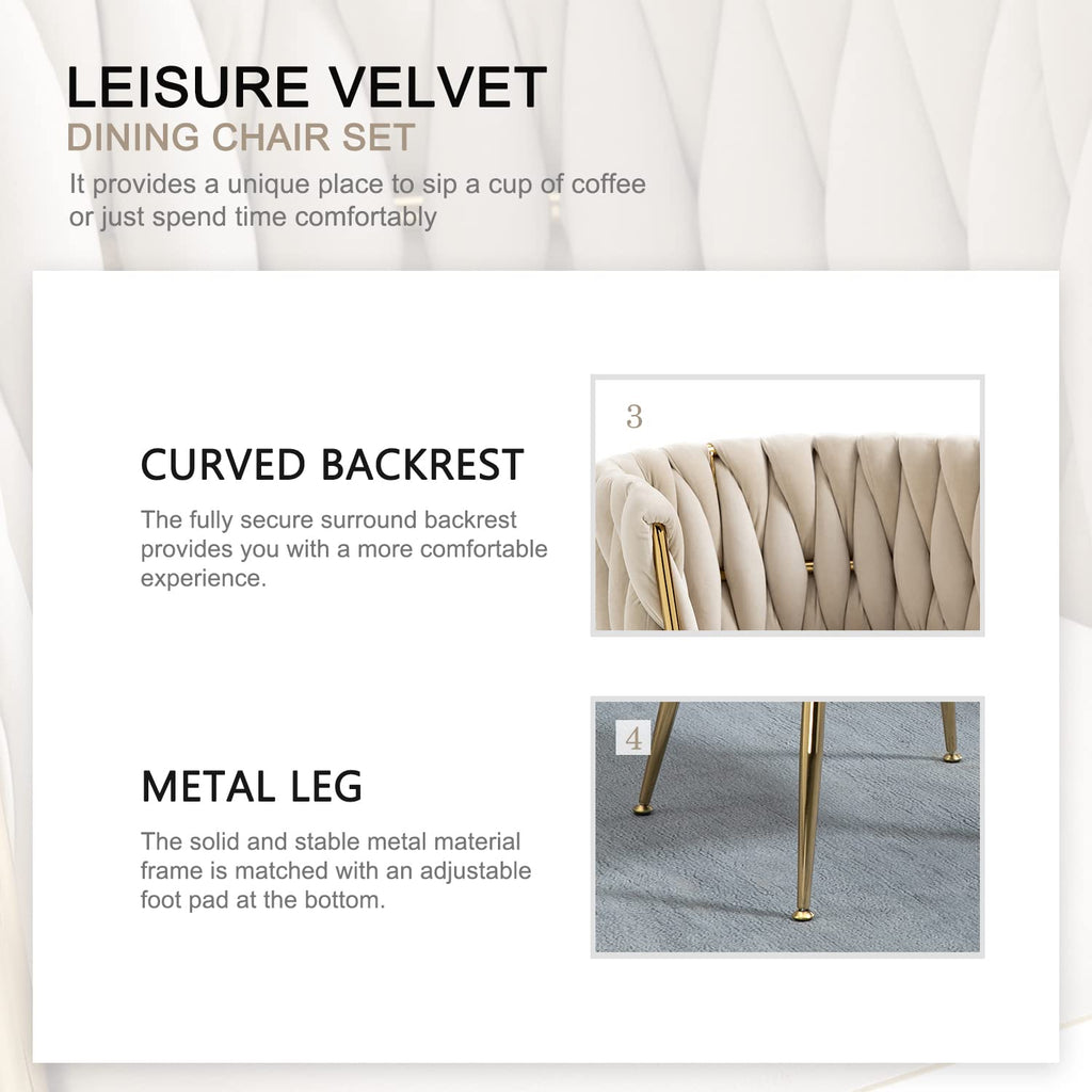 Velvet Dining Chairs Set of 4, Woven Upholstered Dining Chairs with Gold Metal Legs, Modern Accent Chairs