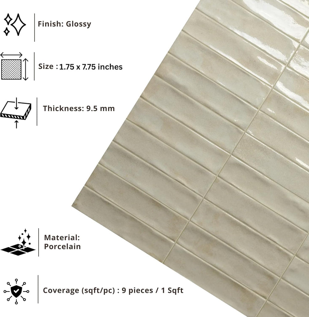 Soft Ivory Glossy Porcelain Subway Tile-2"x8" Wall and Floor, Backsplash, Shower,Fireplace Accent-for Restaurant