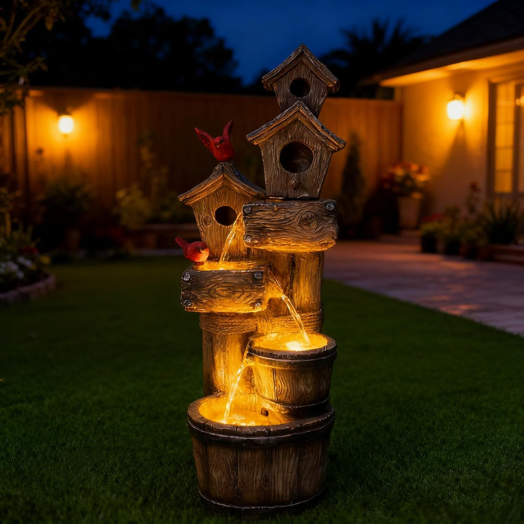 35" Tall Outdoor 4-Tier Birdhouse Floor Standing Water Fountain with LED Lights
