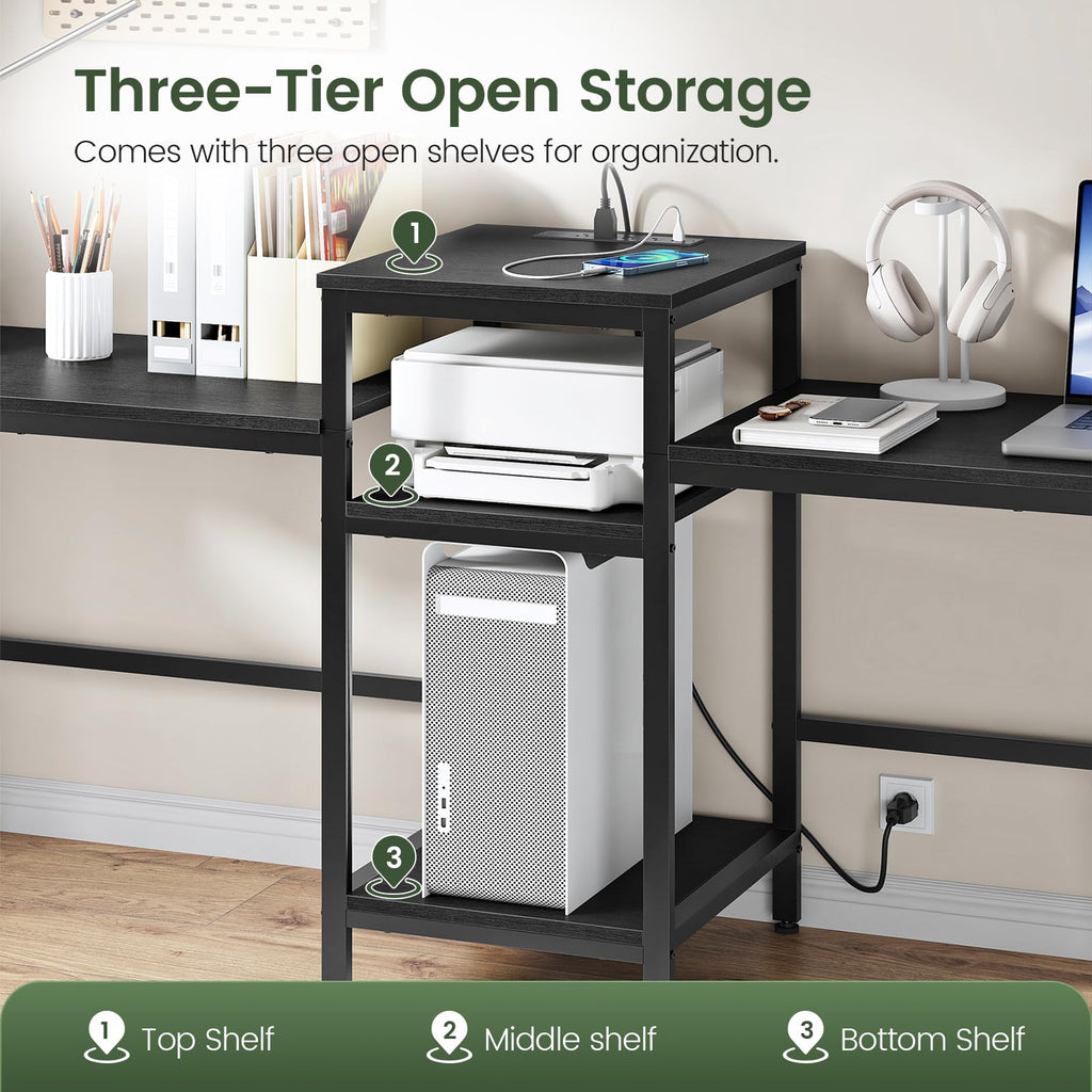 78.7" Two Person Computer Desk with Power Outlet & 3-Tier Shelf, Large Industrial Office Desk with 4 AC Outlets & 2