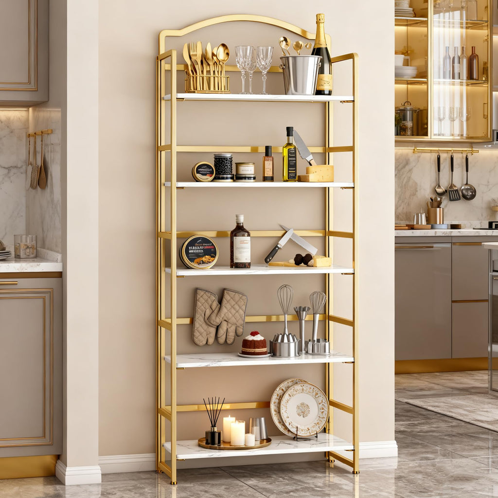 5 Tier No Assembly Folding Bookshelf, Arched Bookshelf, Foldable Bookcase, Skinny Bookshelf (White and Gold)