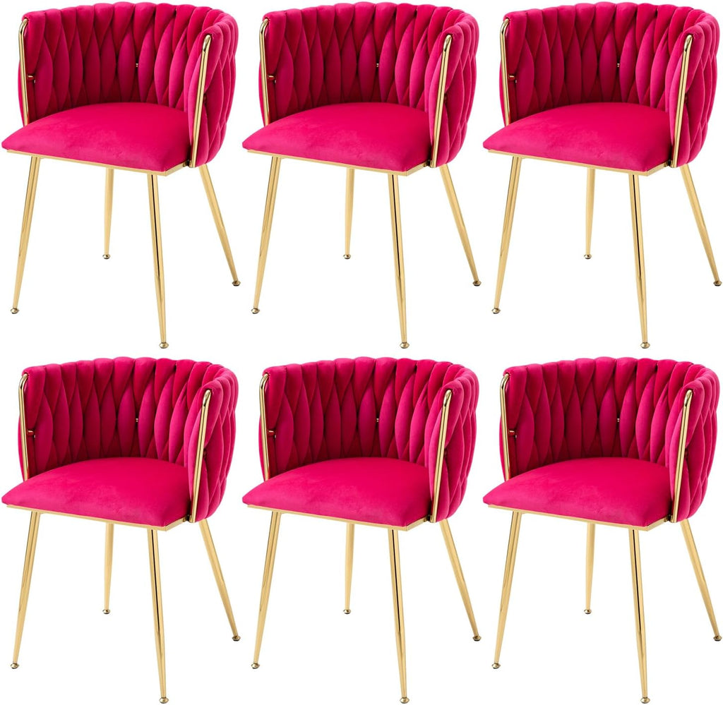Woven Velvet Dining Chairs Set of 6, Upholstered Accent Chairs with Gold Metal Legs, Modern Dining Room Chairs, Rose Red