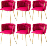 Woven Velvet Dining Chairs Set of 6, Upholstered Accent Chairs with Gold Metal Legs, Modern Dining Room Chairs, Rose Red