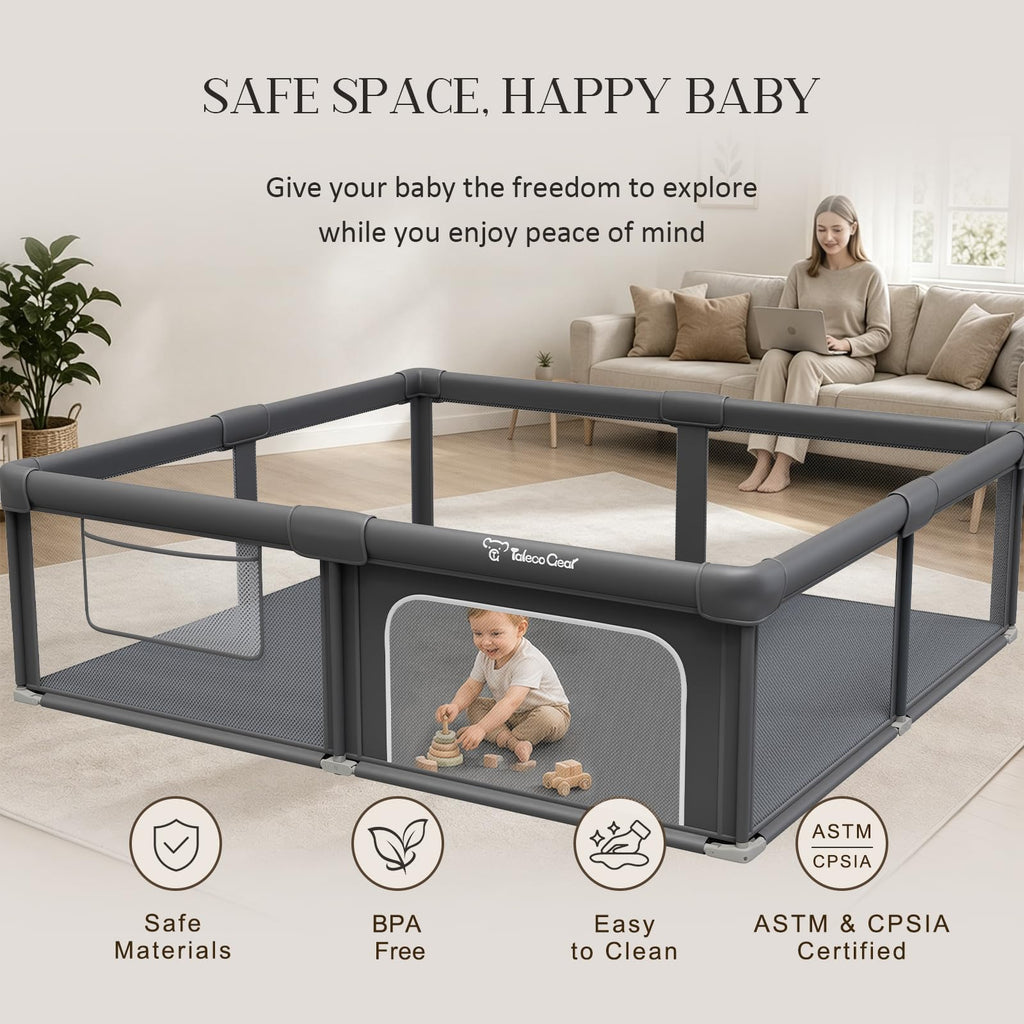 Foldable Playpen for Babies and Toddlers, 71"x79" Portable Play Yard with Mat, Kids Collapsible Play Pen with Sturdy