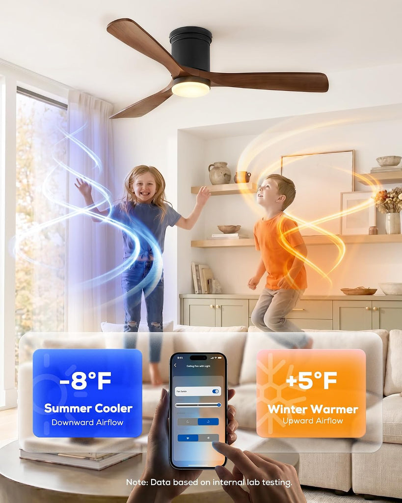 60 Inch Smart Flush Mount Ceiling Fan with Light, Low Profile Ceiling Fan with 3 Solid Wood Walnut Blades, Dimmable LED, Ultra Quiet DC Motor, Alexa & Remote Control, Indoor Outdoor, Walnut