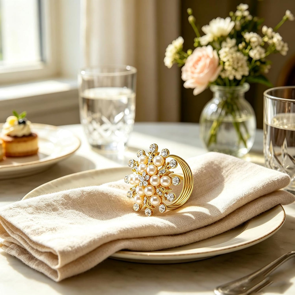 Gold Flower Napkin Rings, Gold Bling Rhinestone Napkin Ring Holder for Weddings, Dinner, Parties, Christmas - Set of 8