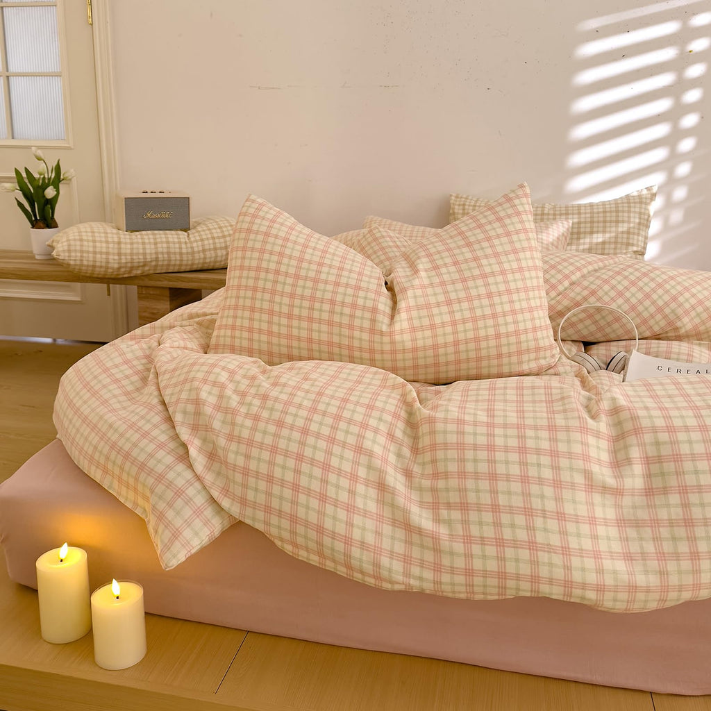 Pink Gingham Duvet Cover Set Twin, Yellow Plaid Grid Pattern Bedding Set Soft Muslin Cotton Gauze Comforter Cover