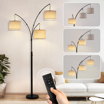 3 Light Arc Floor Lamp with Remote, Beige Shade Black Pole