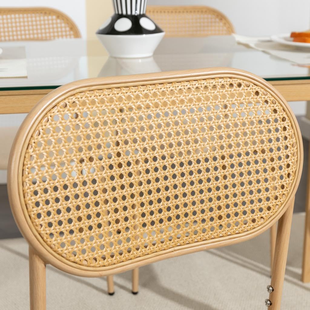 Boho Dining Chairs Set of 4 with Rattan Back, Upholstered Cane Seats, Metal Legs - Perfect for Dinner, Living Room