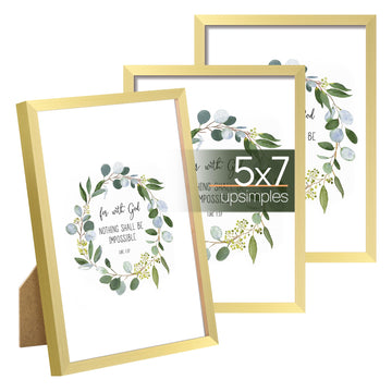 5x7 Picture Frame Glass, Thin Border, Gold Photo Frames, 3 Pack