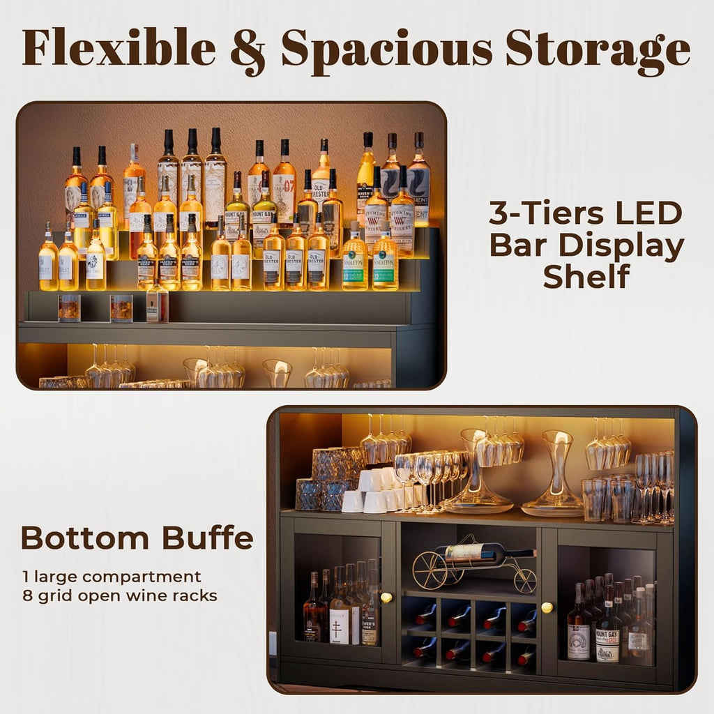 Wine Bar Cabinet with LED Lighted Liquor Bottle Display Shelf, Liquor Cabinet with Glass Holder, Coffee Bar for