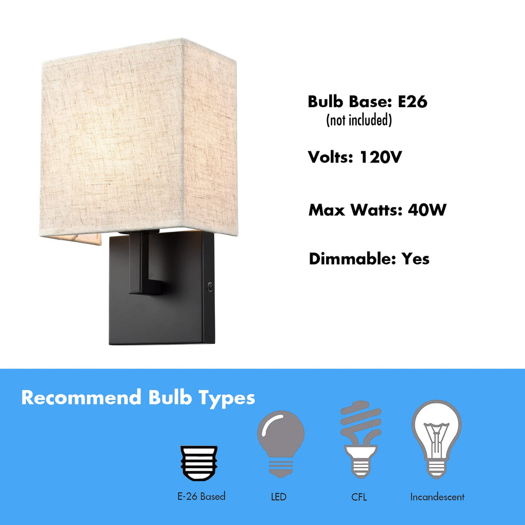 Industrial Linen Wall Sconces Black Bedroom Wall Lamp, Set of 2