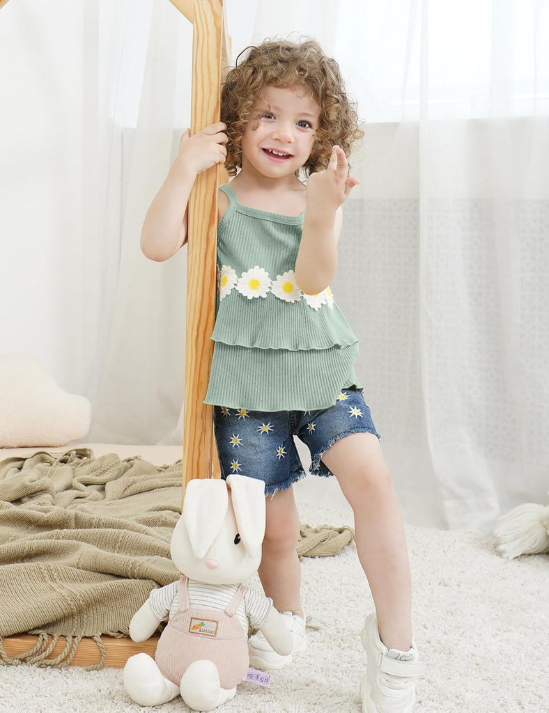 Toddler Girl Clothes Ruffle Daisy Sleeveless Tank Tops and Denim Shorts Girls Summer Outfits