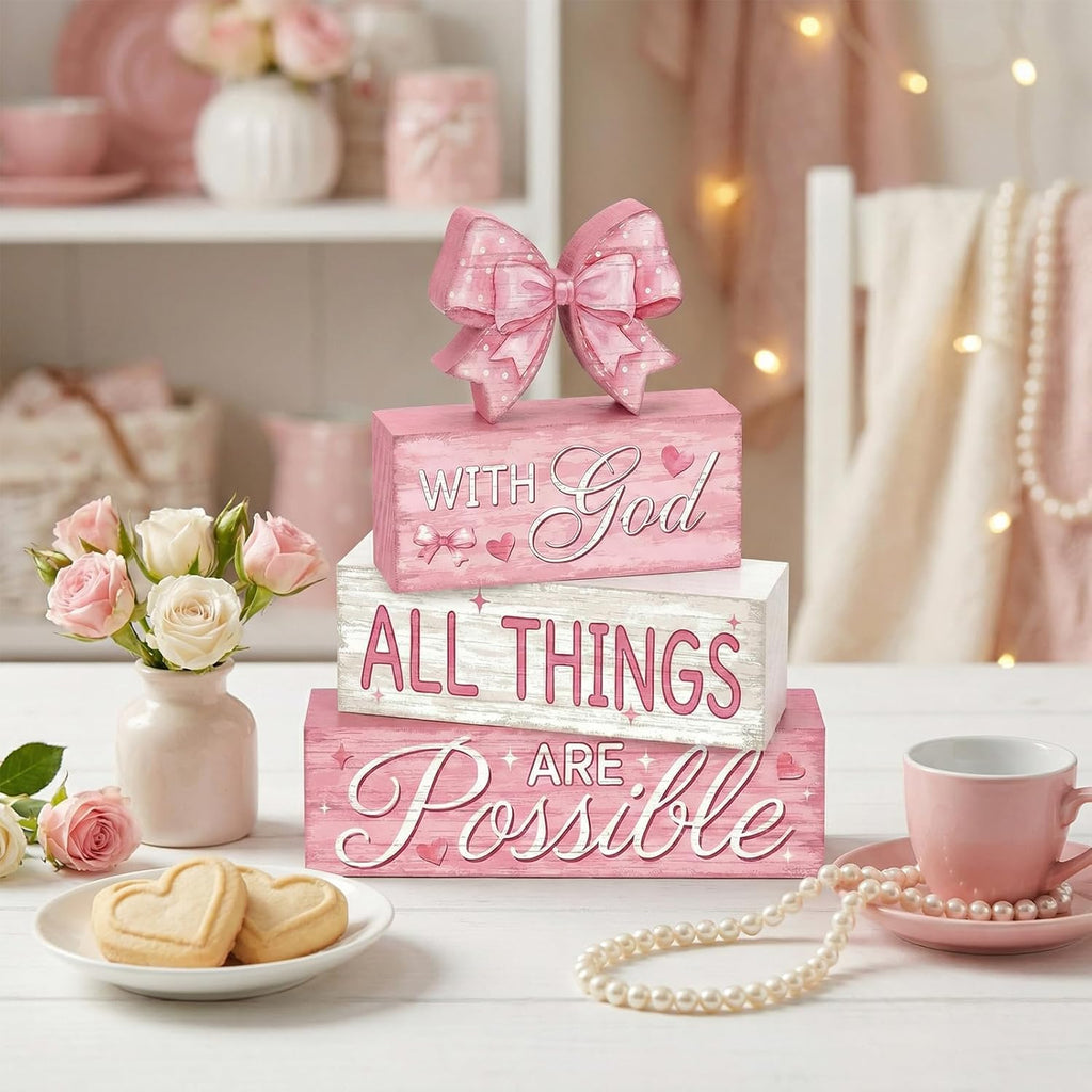 Tiered Tray Decor Set, , Wooden Table Sign, Pink Bow - Set of 4