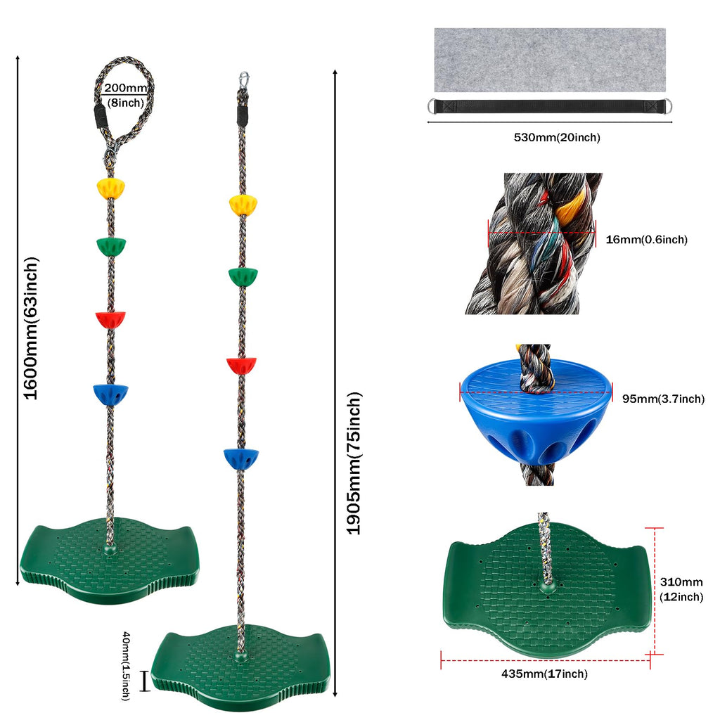Tree Swing for Kids Disc Swing Seat Single Climbing Rope 165lbs, Green