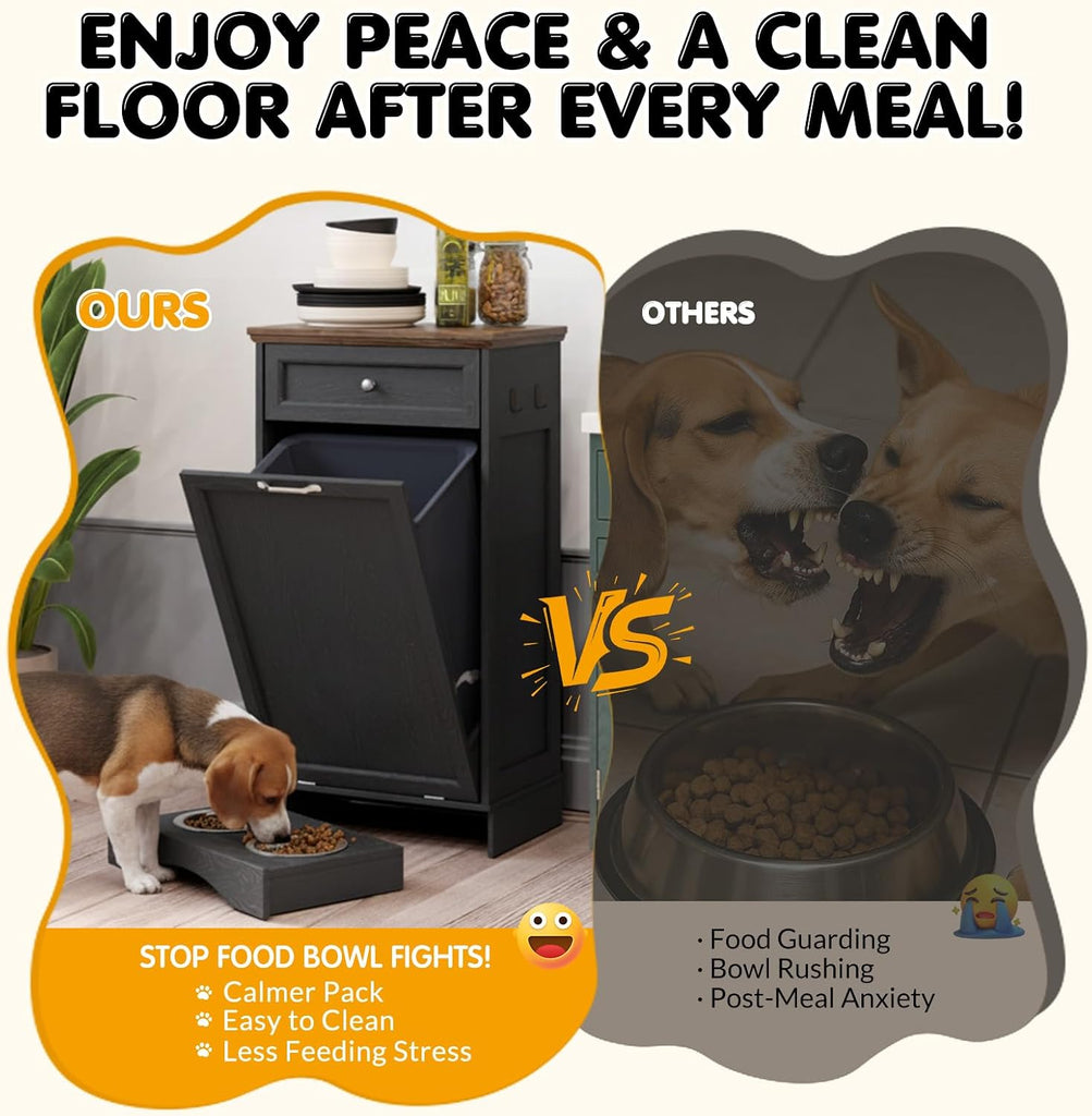 Tilt Out Trash Can Cabinet with Dog Bowl, 10 Gallons Dog Feeding Station with Storage, Dog Food Cabinet with Hideaway