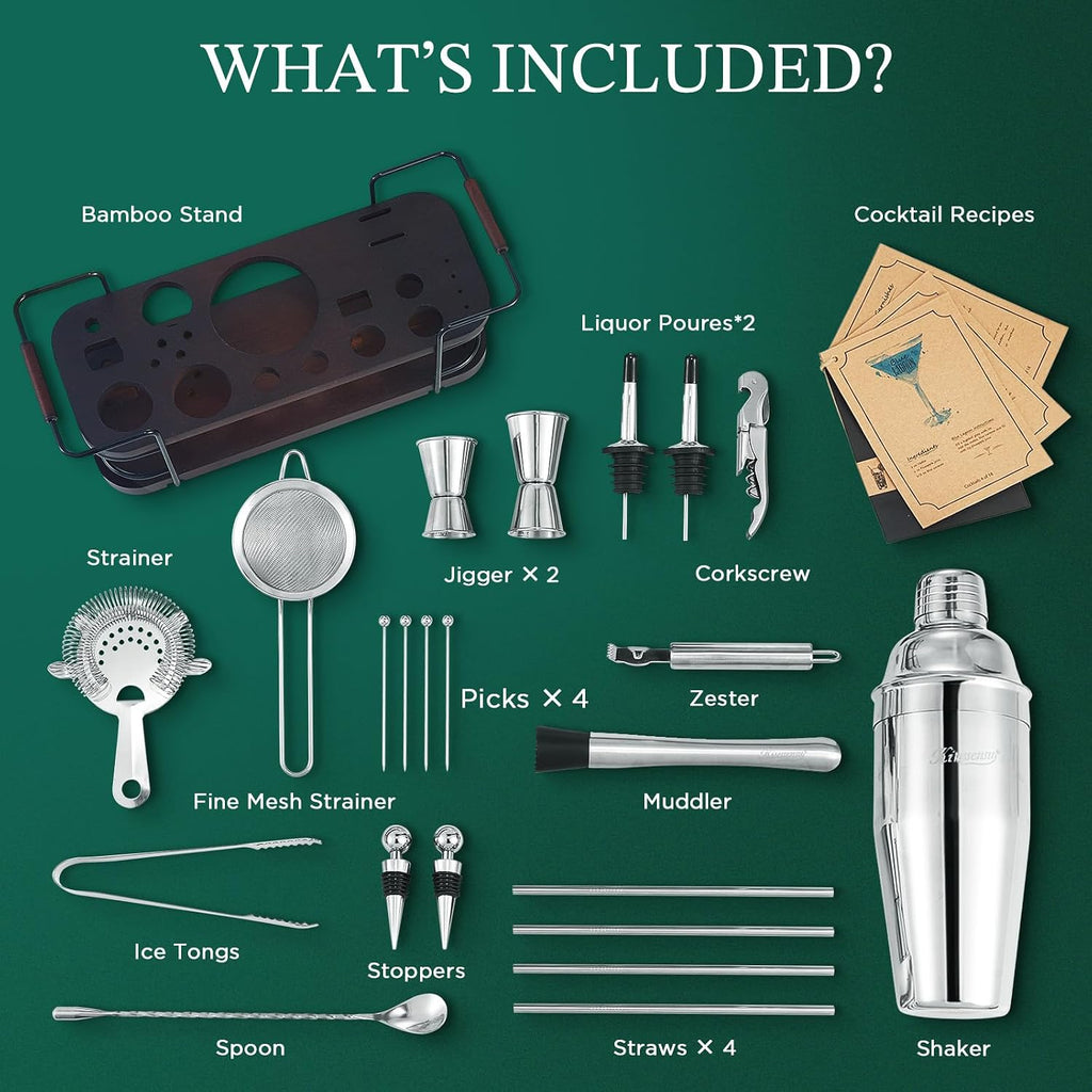 Cocktail Shaker Set Bartender Kit with Stand | Complete 24-Piece Bar Set Cocktail Kit with All Bar Accessories: - Set of 24
