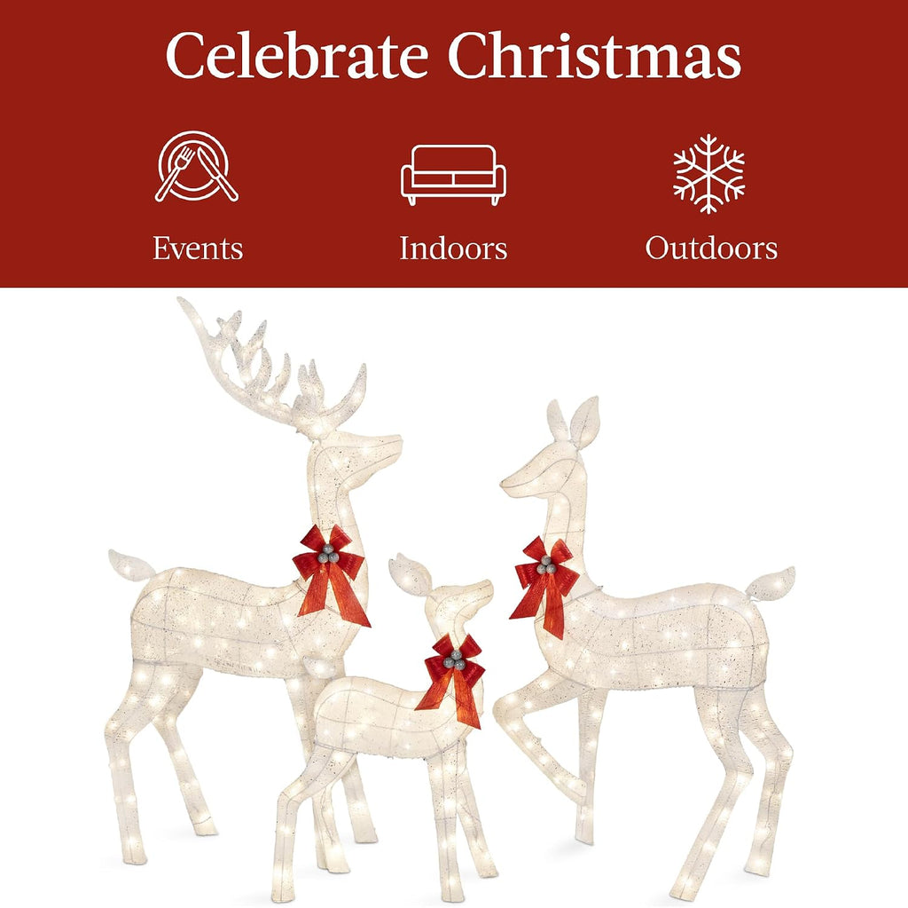 3-Piece Large Lighted Christmas Deer Family Set 5Ft Outdoor Yard Decoration with 360 LED Lights, Stakes, Zip Ties