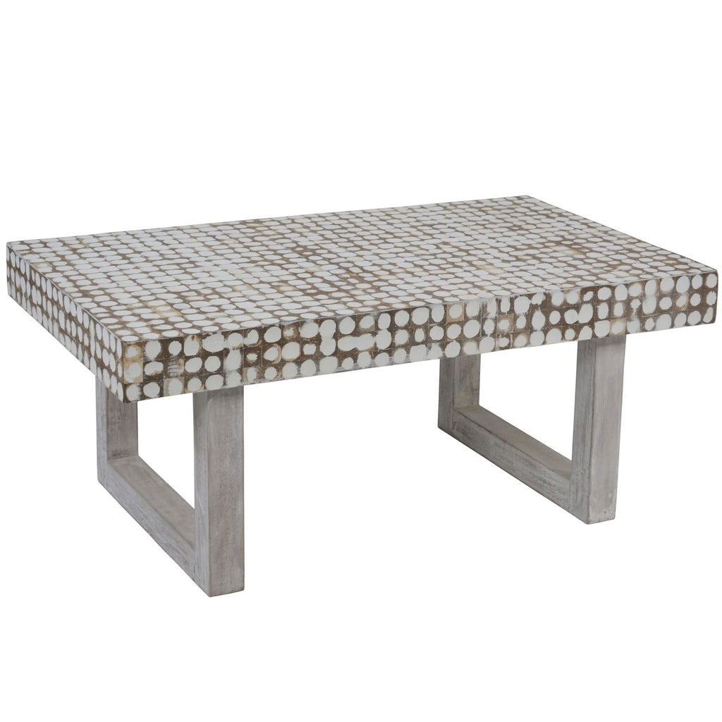 White Coffee Table - Handmade Accent Table with Coconut Shell Inlay, 40" Rectangular Wood Table, Coastal Farmhouse