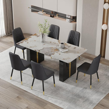 71'' Dining Room Table Set for 6, Modern Dining Table Set for 6, Kitchen Faux Marble Table and PU Leather Chairs Set of