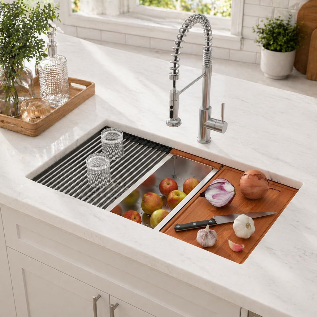33 Inch Undermount Kitchen Sink, Single Bowl Workstation 16 Gauge 304 Stainless Steel Sink, Handmade Under Counter
