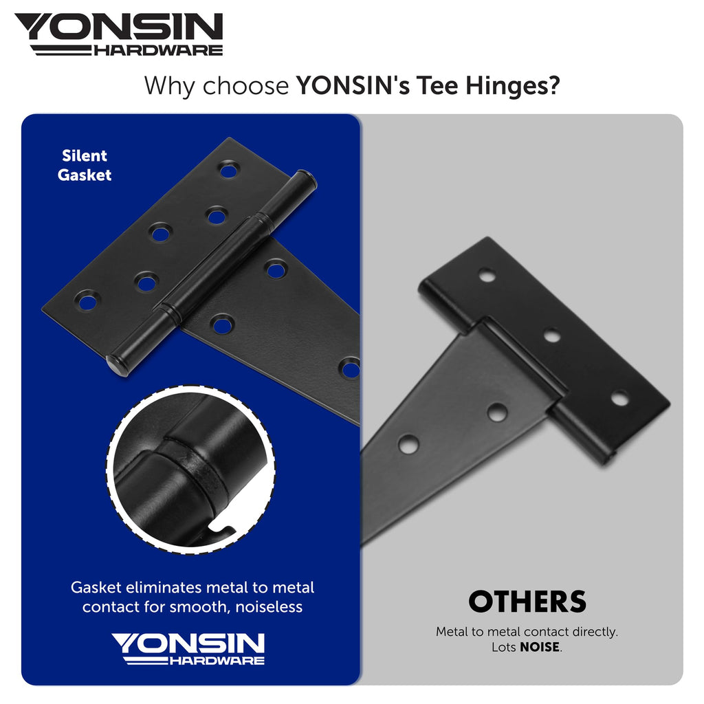 8" T-Strap Shed Door Hinges 4Pcs Switch Silently, Heavy Duty Black Tee Hings for Wooden Fence Gate, Outdoor T Hinges
