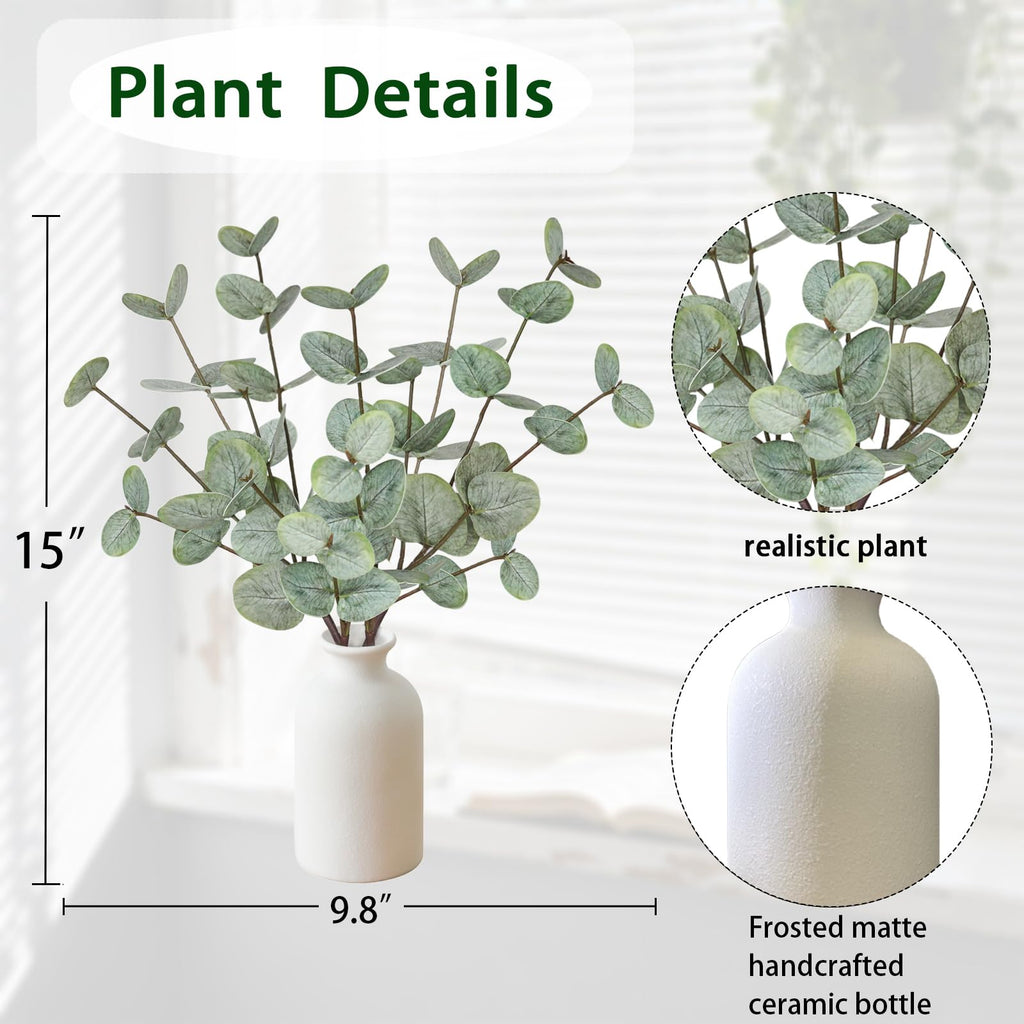 15" Artificial Eucalyptus Stems Potted Plant - Realistic Small Fake Desk Plants Home Decor, Faux Plants in Frosted