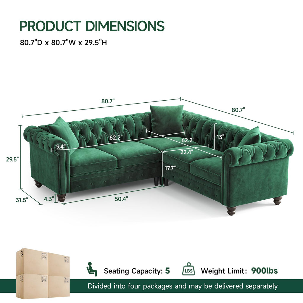 Velvet Chesterfield Sofa, L-Shaped Sectional Sofa with Tufted Back