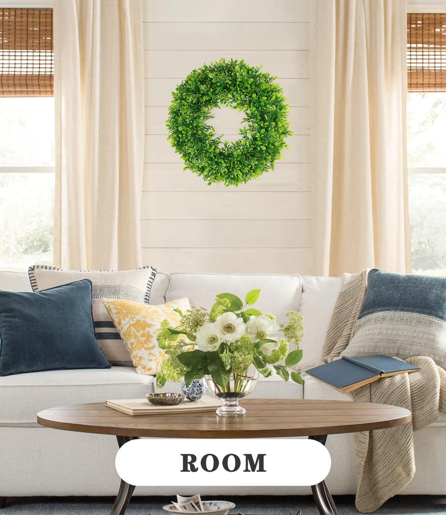 18in Boxwood Wreaths for Front Door, Artificial Preserved UV Resistant Green All Seasons Winter Spring Summer Door