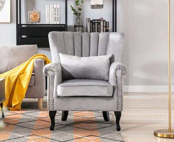 Grey Accent Chair Velvet Wingback Chair with Pillow Nail-Head Channel Tufted Oversized Club Chair Bedroom Guest Room