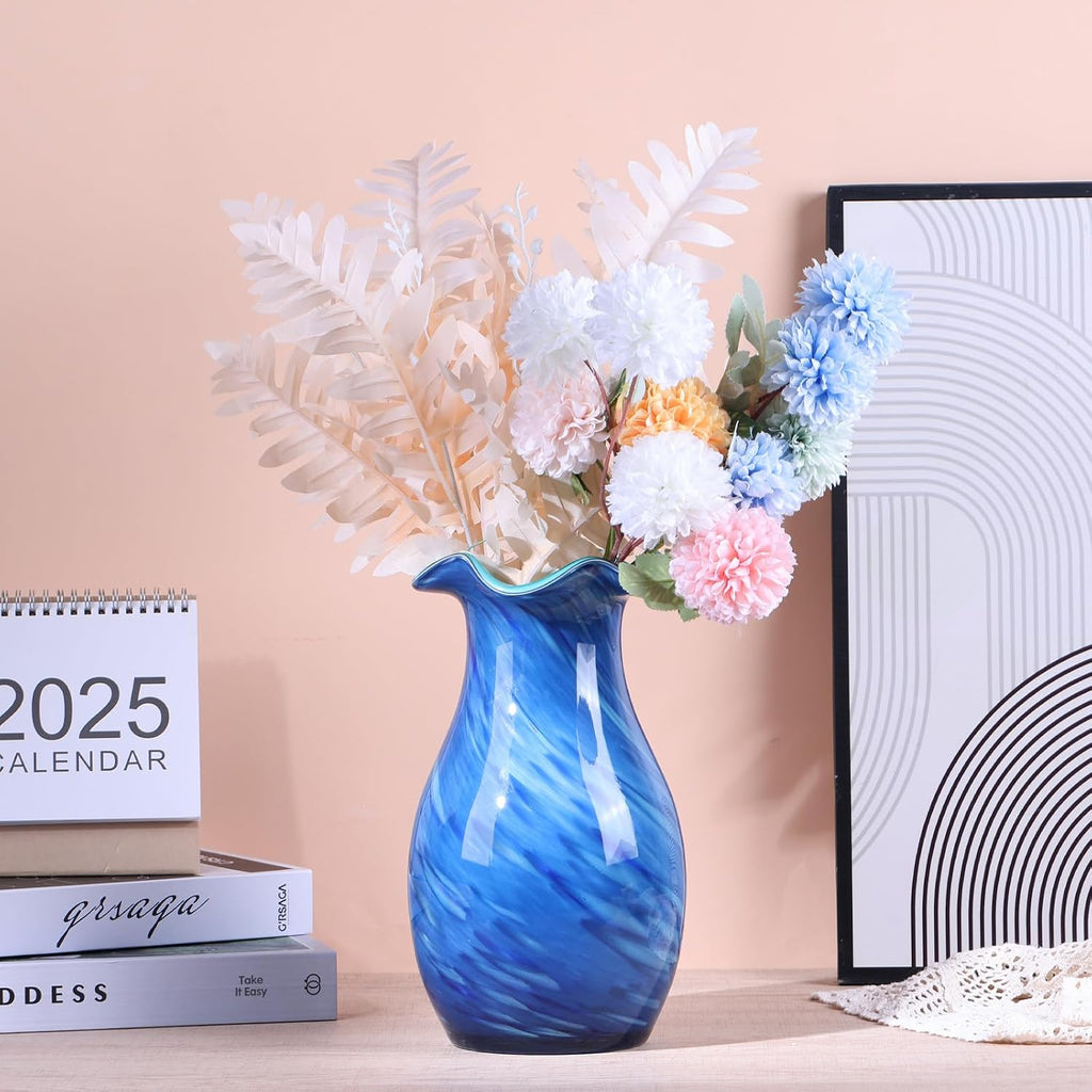 10.6in Hand Blown Blue Glass Vase - Wide Mouth Murano Bubble Art Glass Vase, Cobalt Blue Flower Vase for Coastal