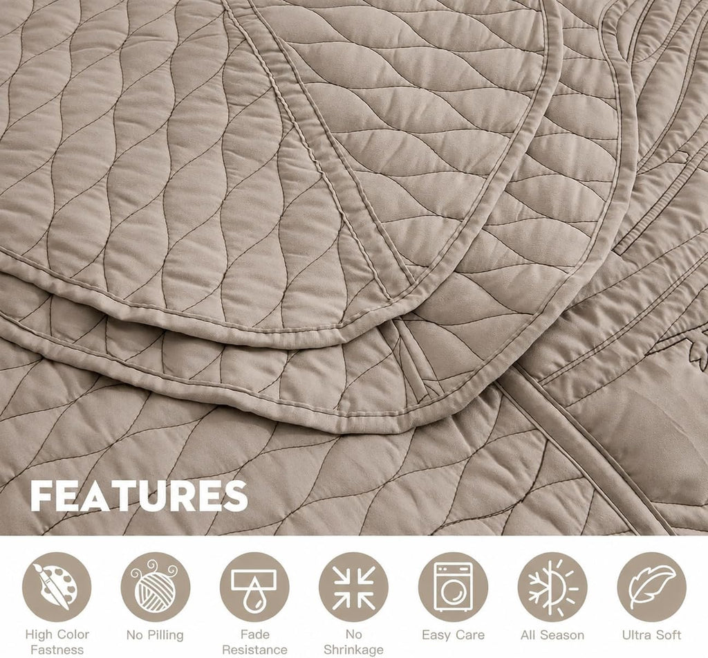 Botanical Oversized Bedspread King - Leaves Pattern Stitching Quilt Set - Elegant & Fresh Style Bedding Coverlets