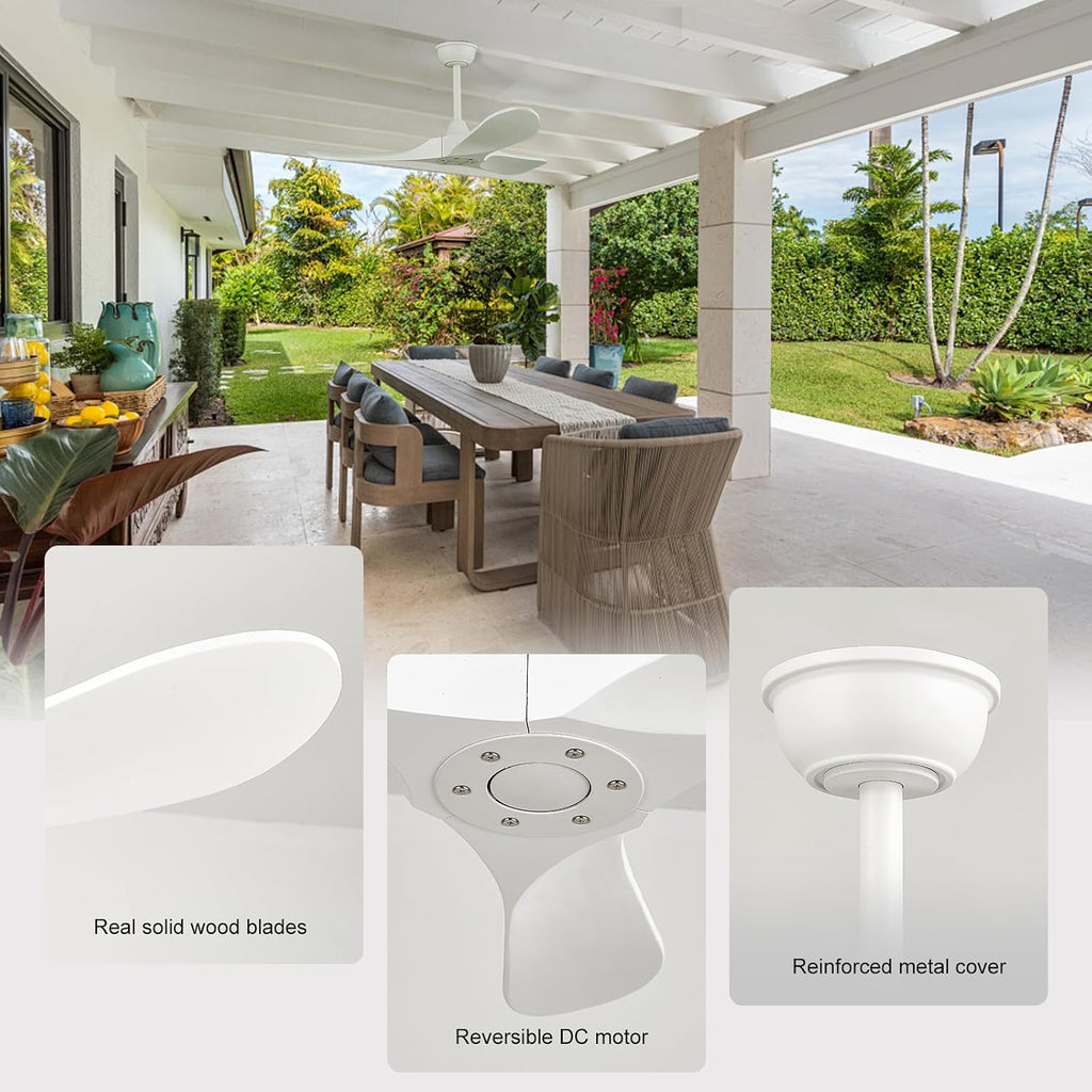 42 Inch Solid Wood Ceiling Fan with Remote, White, No Light, 6-Speed Reversible DC Motor, Indoor/Outdoor