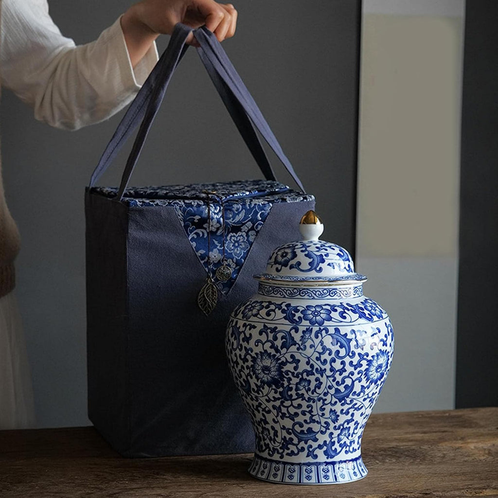 Blue and White Ceramic Ginger Jar with Lid, Chinoiserie Decorative Vase Decor, Table Centerpiece, Style