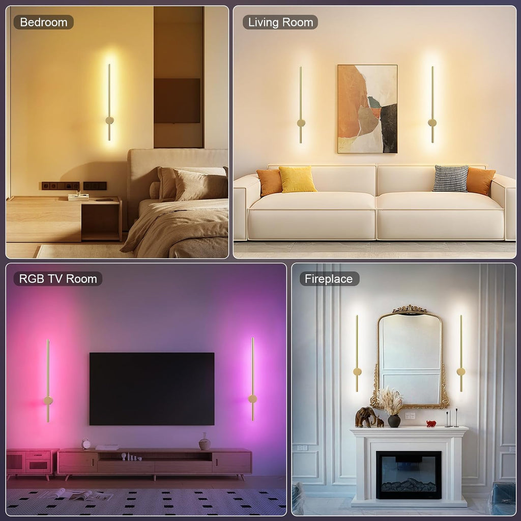 24 Inch Battery Operated Wall Sconce Set of 2,Gold Minimalist Rechargeable LED Wall Lights with Remote, 10 Colors