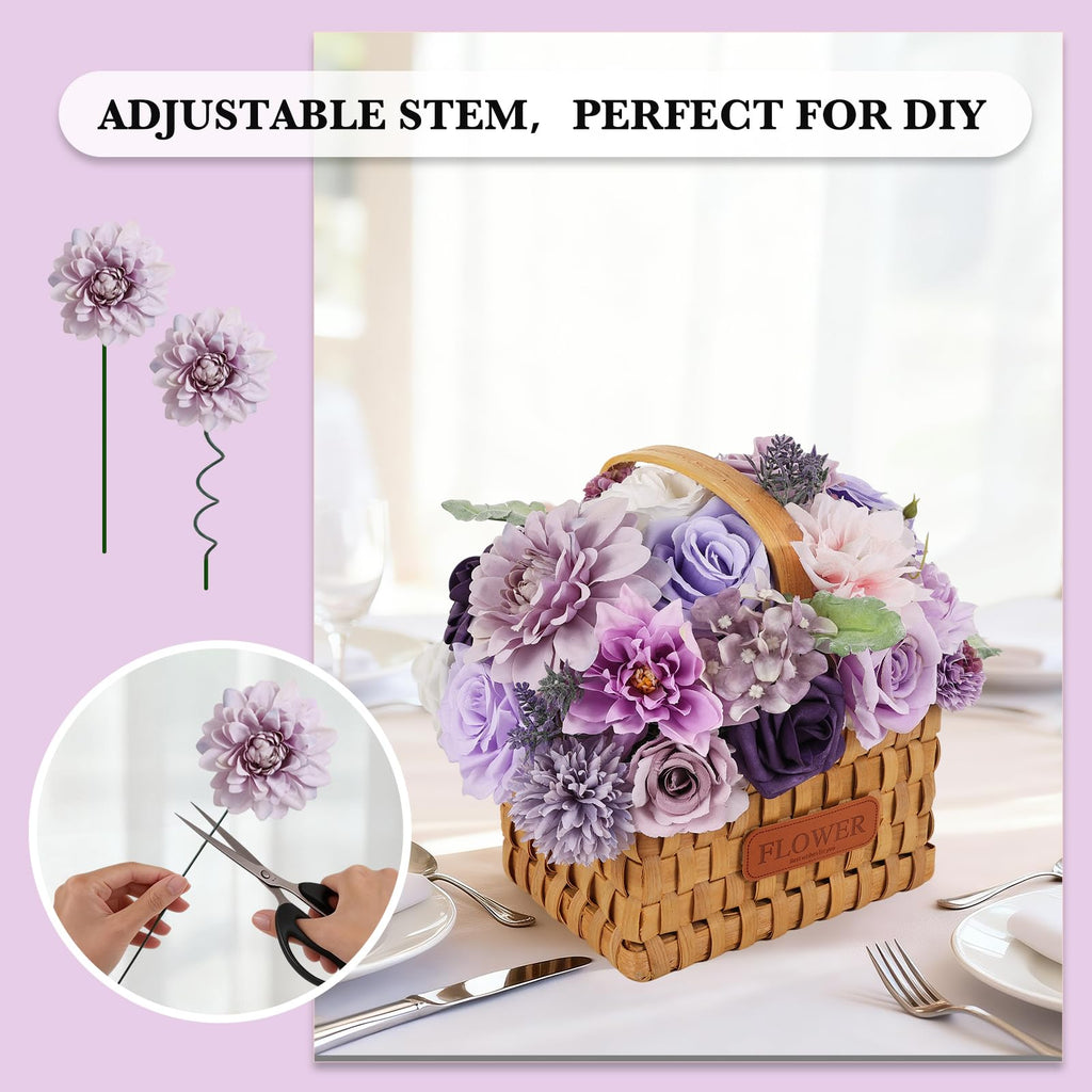 Artificial Combo Box Purple Fake Silk Flower Dahlia Roses for Wedding Bridal Bouquets, Baby Shower, Birthday, Floral