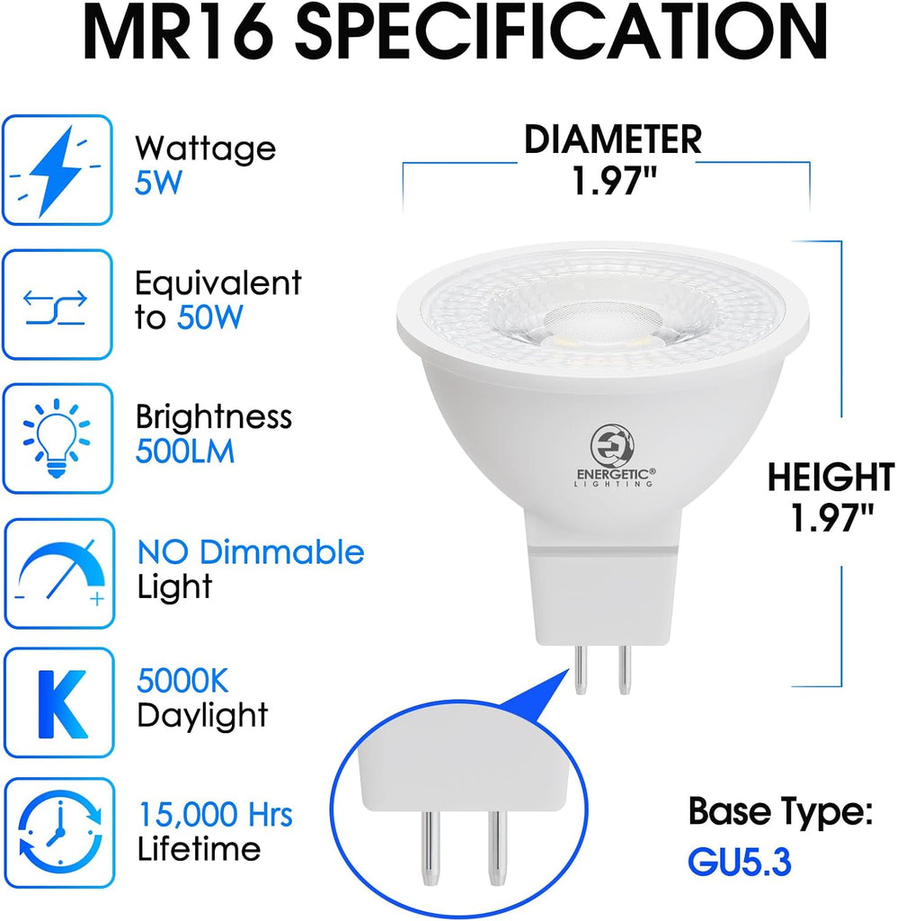 Energetic MR16 GU5.3 Bi-Pin Base LED Light Bulb, Non-Dimmable, 5W 12V 500LM, 50W Halogen Equivalent, CRI 80+, 40