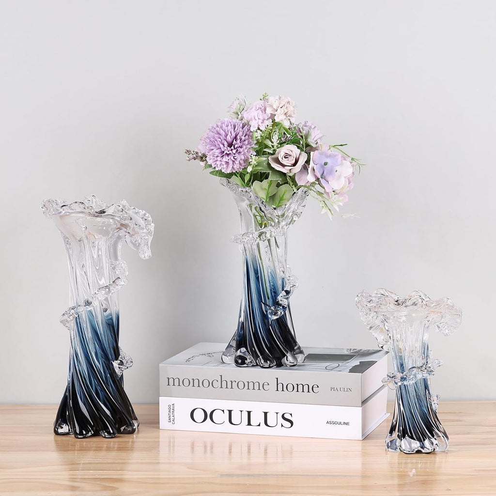 Blue White Clear Wave Vases Gradient, Murano Hand Blown Glass Vase Unique Art Decorative, for Ocean Themed Coastal